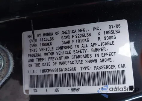 2006 Honda Accord 2.4 Ex from USA, damaged, VIN 1HGCM56816A184946